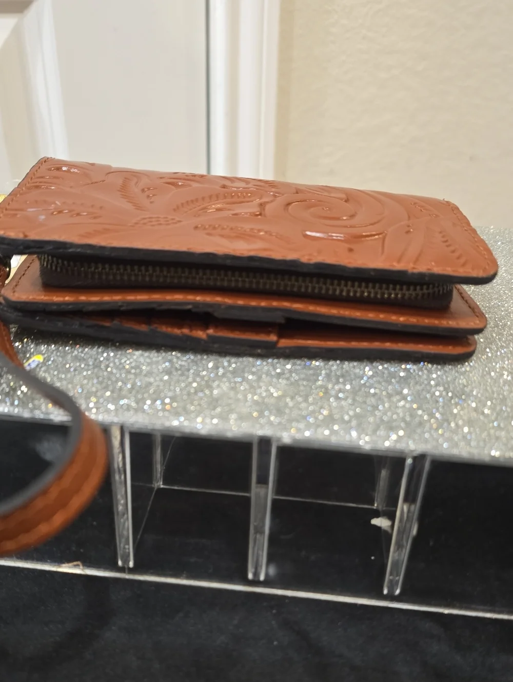 Patricia Nash Embossed Leather Wristlet Wallet in Cognac